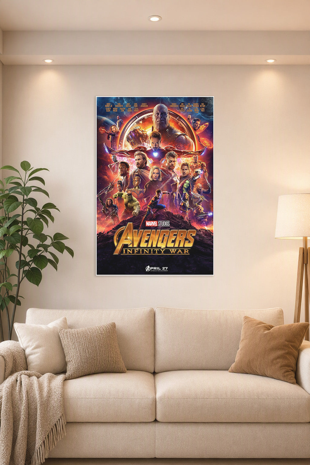 Marvel Avengers Infinity War Movie Poster in a bright living room above a beige sofa.