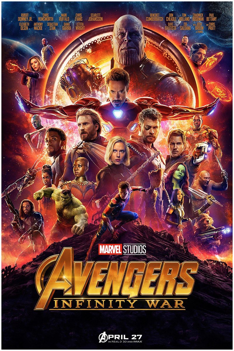 Avengers Infinity War poster features Thanos above Iron Man, Captain America, Thor, and heroes amid a fiery cosmic scene.