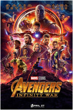 Avengers Infinity War poster features Thanos above Iron Man, Captain America, Thor, and heroes amid a fiery cosmic scene.