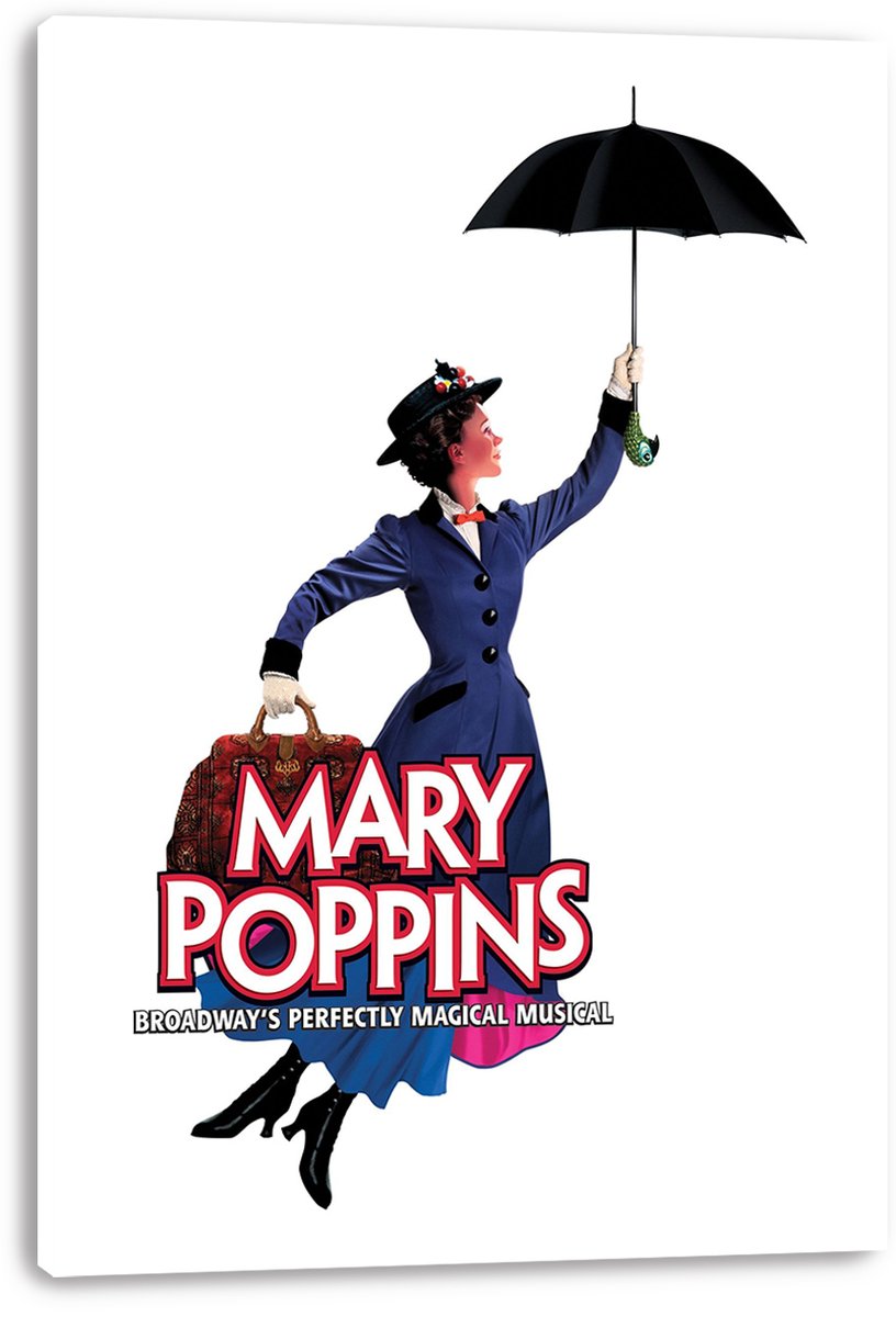 Mary Poppins canvas wall art print featuring the blue-coated nanny floating with a black umbrella and red title lettering.