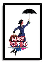 Mary Poppins framed wall art print with a black border, flying nanny, black umbrella, carpet bag, and bold red text.