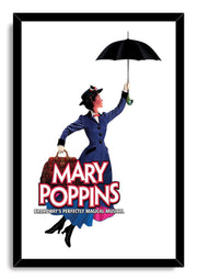 Mary Poppins framed wall art print with a black border, flying nanny, black umbrella, carpet bag, and bold red text.