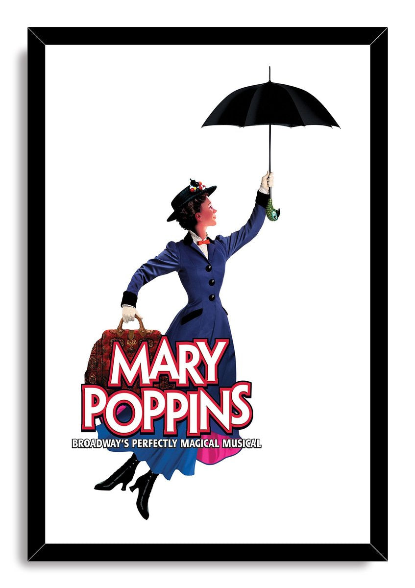 Mary Poppins framed wall art print with a black border, flying nanny, black umbrella, carpet bag, and bold red text.