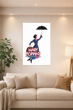 Mary Poppins in a bright living room above a beige sofa.