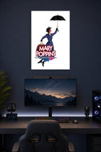 Mary Poppins in a gaming desk setup above a monitor.
