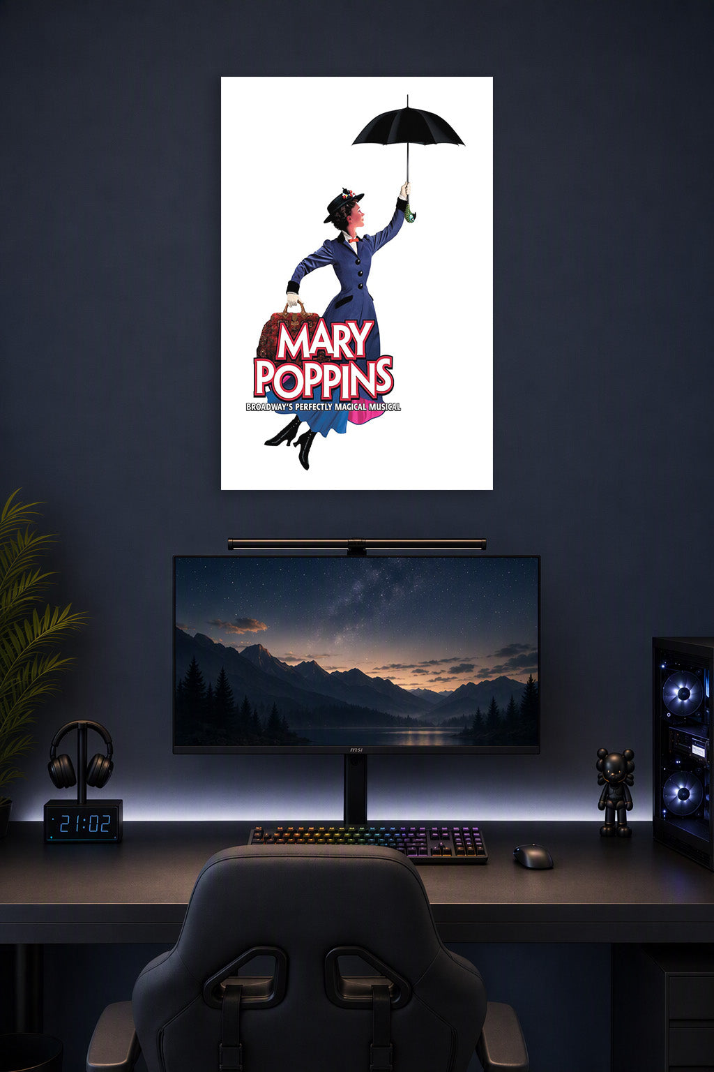 Mary Poppins in a gaming desk setup above a monitor.