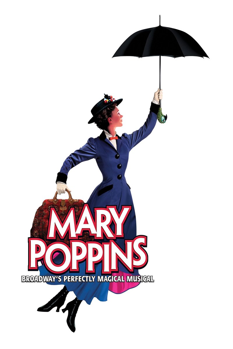 Mary Poppins poster with the nanny flying beneath a black umbrella, carrying a patterned carpet bag on white.