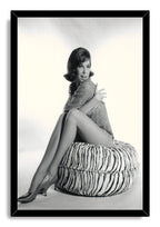 Mary Tyler Moore framed wall art print presents a black-and-white portrait of her posed on a zebra-striped ottoman, bordered in black.