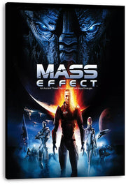 Mass Effect canvas wall art print featuring Commander Shepard and armored allies before planets, ships, and a blue-eyed Reaper.