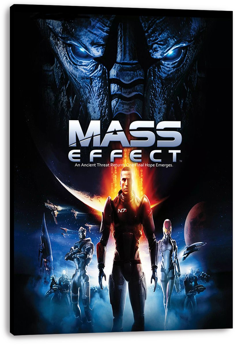 Mass Effect canvas wall art print featuring Commander Shepard and armored allies before planets, ships, and a blue-eyed Reaper.