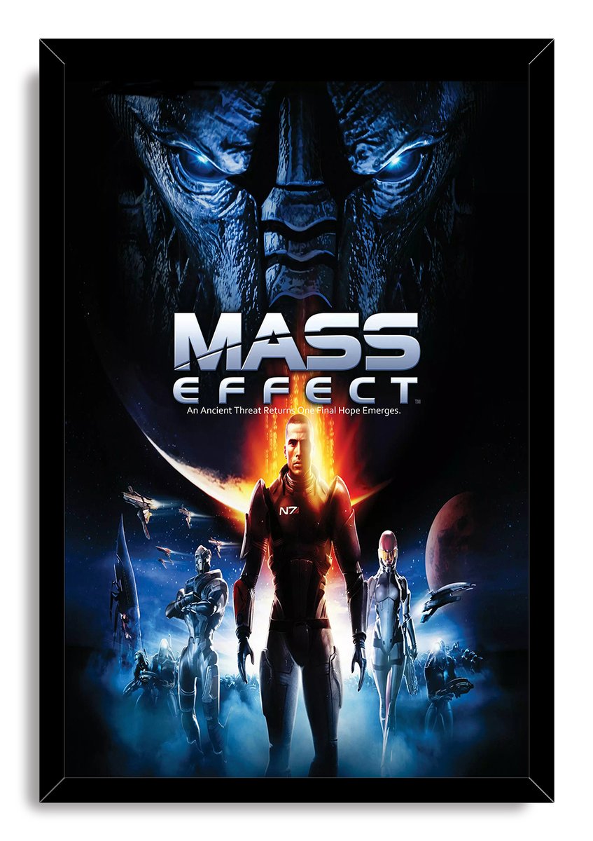 Mass Effect framed wall art print with the game logo, Commander Shepard, squadmates, starships, and a looming Reaper.