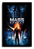 Mass Effect framed wall art print with the game logo, Commander Shepard, squadmates, starships, and a looming Reaper.
