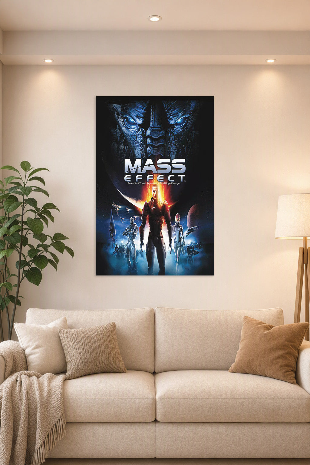 Mass Effect Sci-Fi Game in a bright living room above a beige sofa.