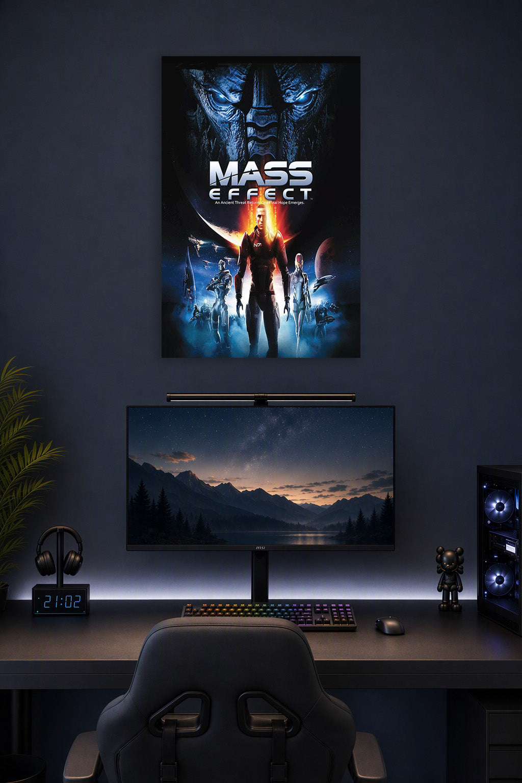 Mass Effect Sci-Fi Game in a gaming desk setup above a monitor.