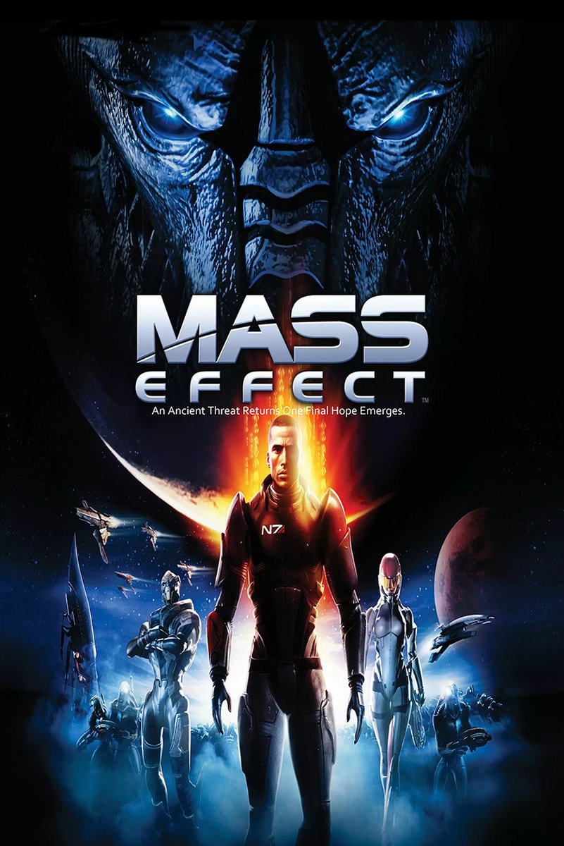 Mass Effect poster with Commander Shepard in N7 armor, allies and spacecraft beneath a glowing blue Reaper face.
