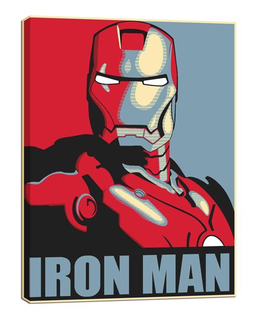 Iron Man wall art print is displayed as a slim canvas-style panel, featuring a red armored figure and blue-gray title lettering.