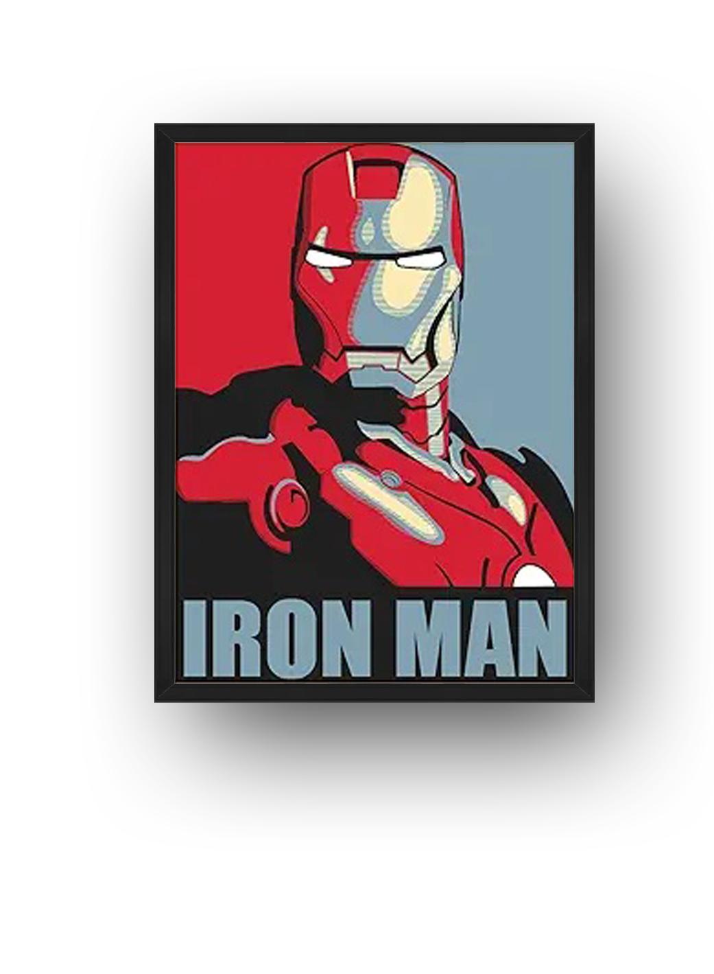 Iron Man framed wall art print presents the stylized red and steel-blue armored portrait with bold IRON MAN text in a black frame.