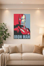 Master Iron Man Movie in a bright living room above a beige sofa.