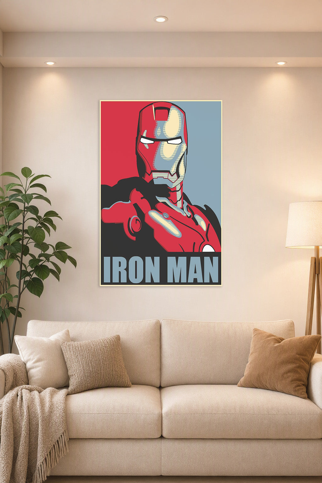 Master Iron Man Movie in a bright living room above a beige sofa.