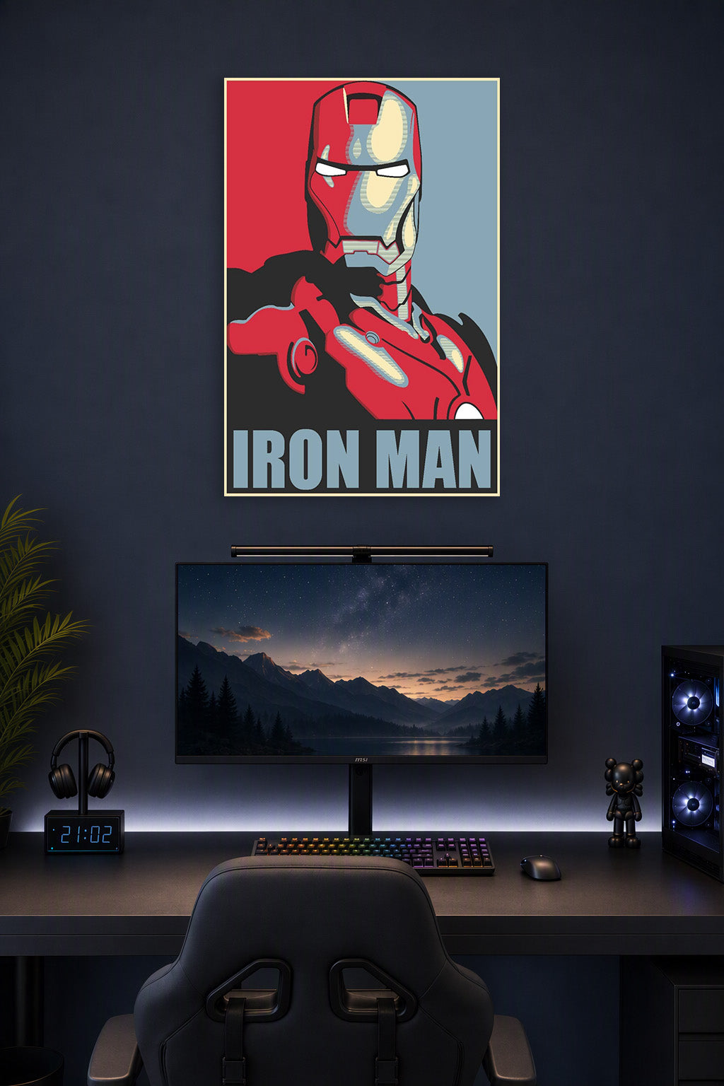 Master Iron Man Movie in a gaming desk setup above a monitor.