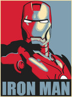 Iron Man poster features a bold red armored hero with white eyes against split red, black, and slate blue blocks, with large title text.