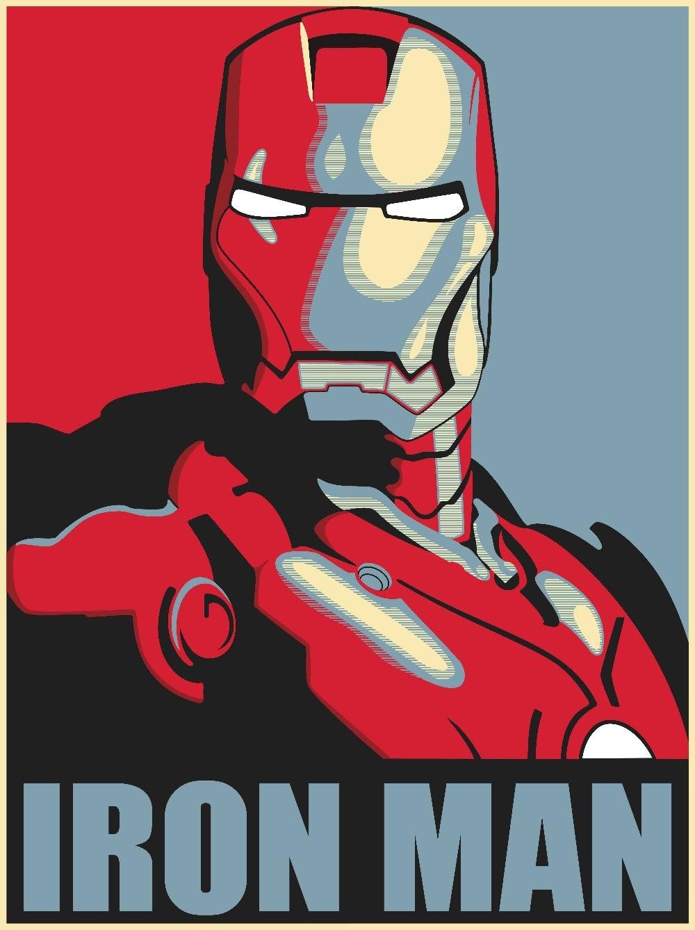Iron Man poster features a bold red armored hero with white eyes against split red, black, and slate blue blocks, with large title text.