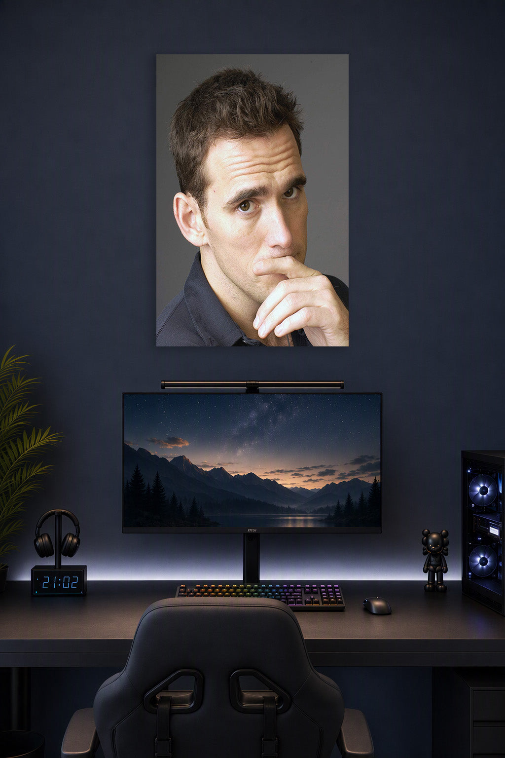 Matt Dillon in a gaming desk setup above a monitor.