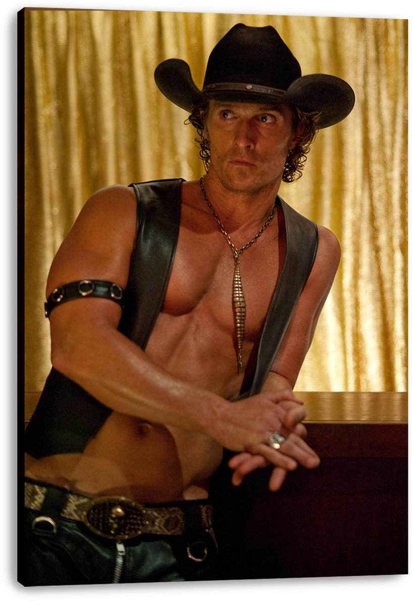 Matthew McConaughey Magic Mike wall art print on stretched canvas depicts a cowboy-hatted man in an open leather vest against gold curtains.