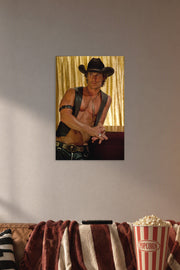 Matthew McConaughey Magic Mike in a cozy movie room above a brown sofa with popcorn.