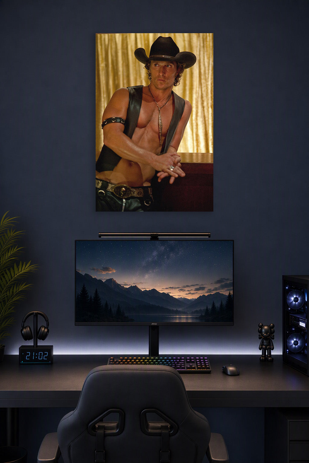 Matthew McConaughey Magic Mike in a gaming desk setup above a monitor.