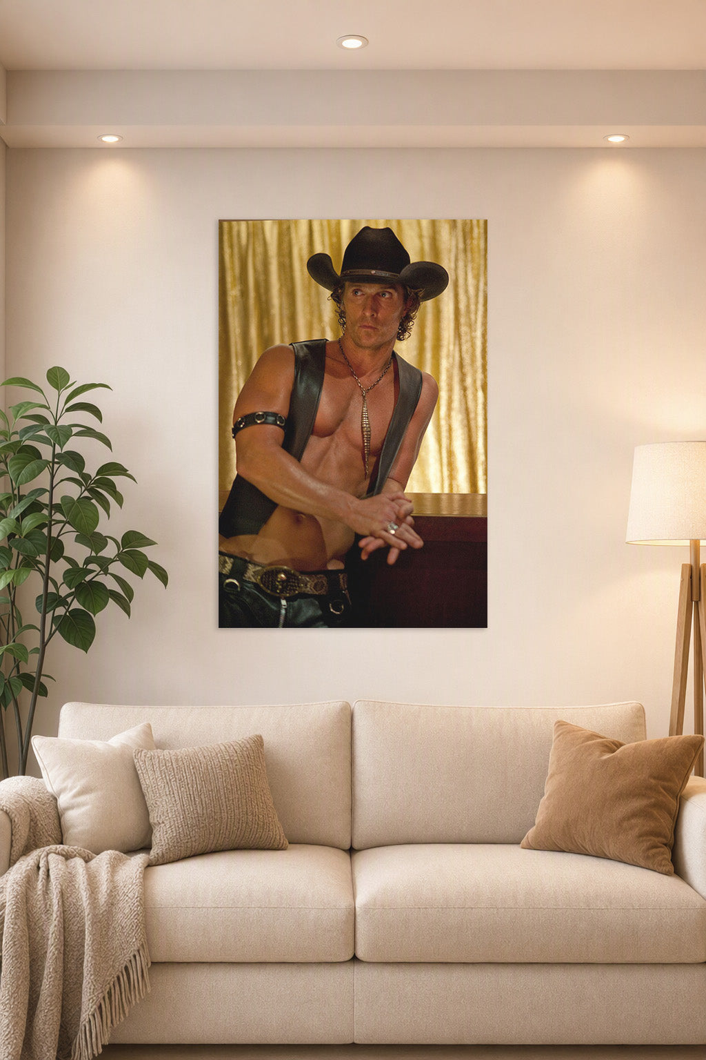 Matthew McConaughey Magic Mike in a bright living room above a beige sofa.