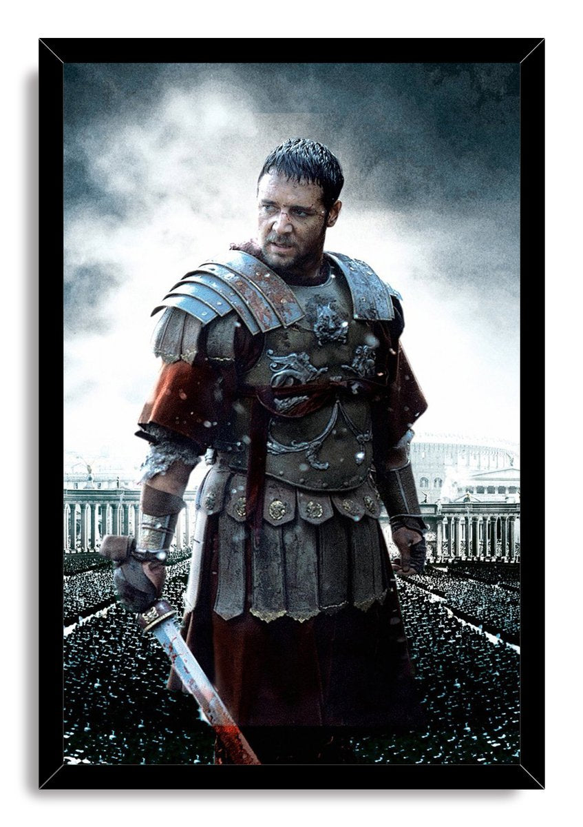 Maximus Gladiator framed wall art print depicts an armored warrior holding a sword, with a Roman arena and dark cloud-filled sky behind him.