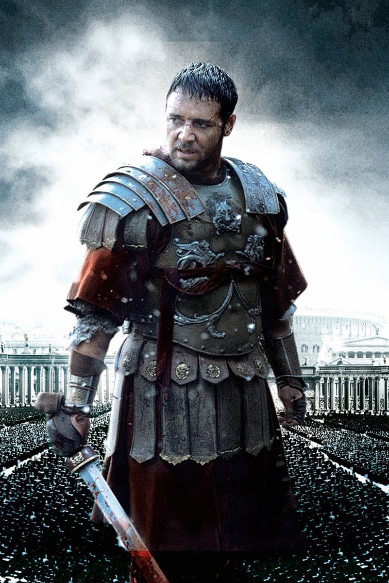 Maximus Gladiator wall art print portrays an armored warrior gripping a blood-streaked sword before a vast Roman arena under stormy clouds.
