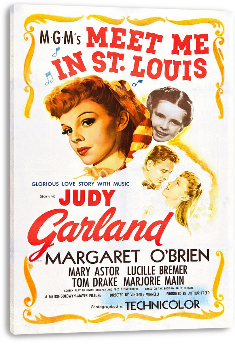 Meet Me in St. Louis canvas wall art print featuring Judy Garland, a child and couple portraits, red title text, and gold flourishes.