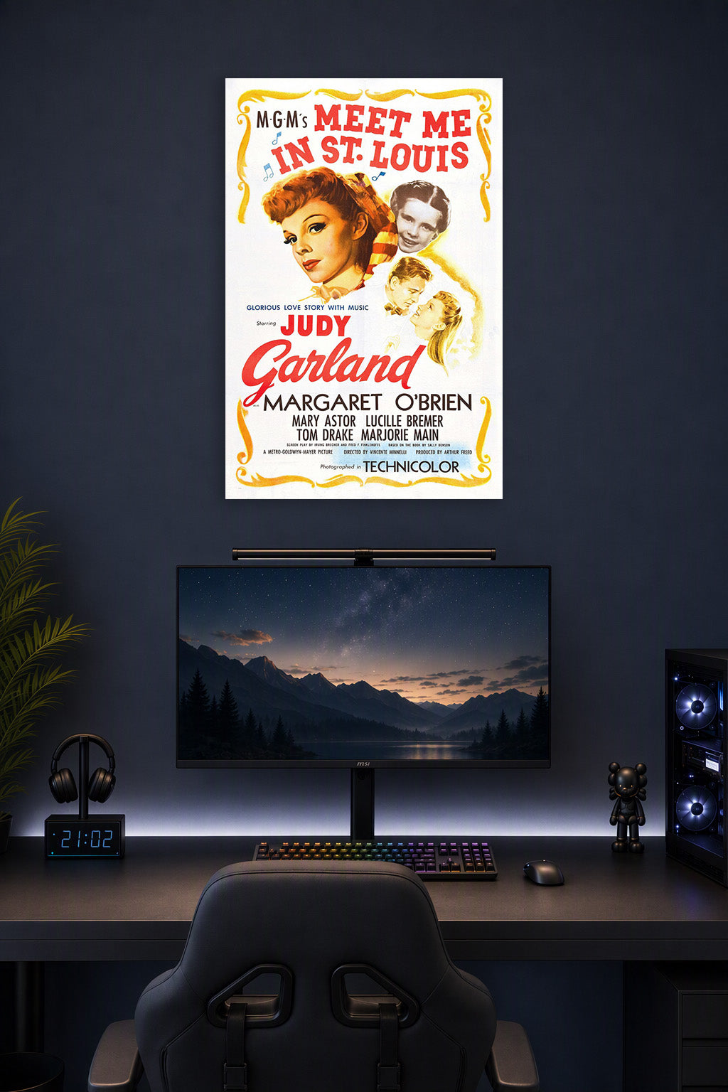Meet Me in St. Louis Judy Garland in a gaming desk setup above a monitor.