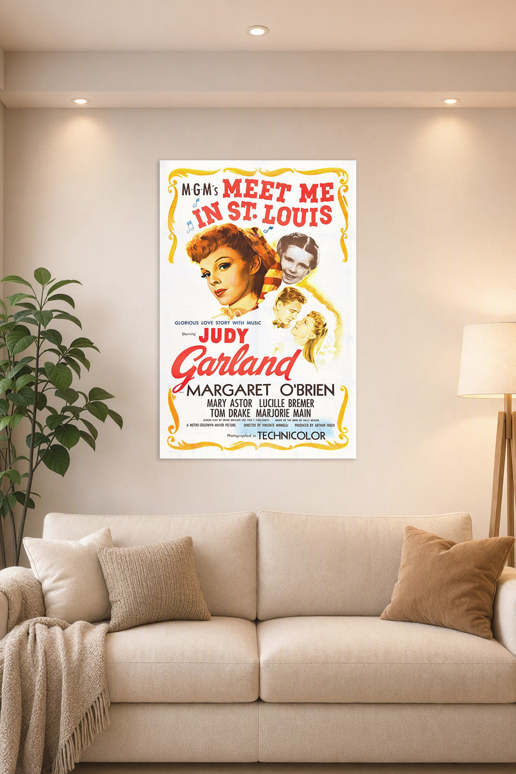Meet Me in St. Louis Judy Garland in a bright living room above a beige sofa.
