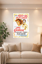 Meet Me in St. Louis Judy Garland in a bright living room above a beige sofa.