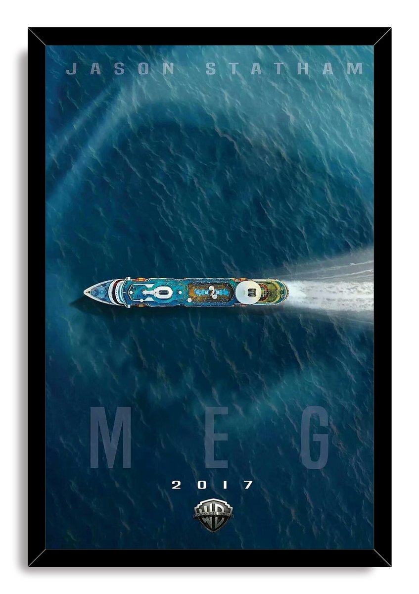 Meg movie framed wall art print in a black frame, depicting a cruise ship at sea beneath Jason Statham lettering.