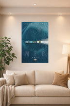 Meg Movie Jason Statham in a bright living room above a beige sofa.