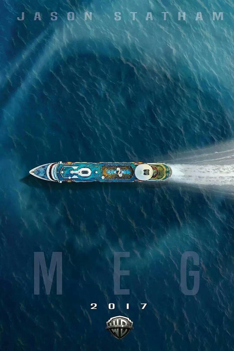Meg movie poster wall art print with an overhead cruise ship speeding across dark blue ocean, Jason Statham text and 2017 title.