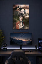Merlin and Dragon in a gaming desk setup above a monitor.