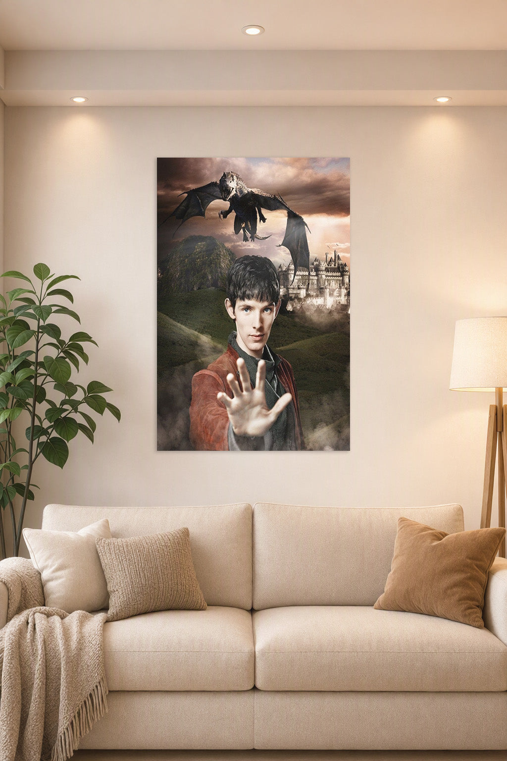Merlin and Dragon in a bright living room above a beige sofa.