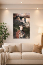 Merlin and Dragon in a bright living room above a beige sofa.