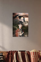Merlin and Dragon in a cozy movie room above a brown sofa with popcorn.