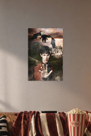 Merlin and Dragon in a cozy movie room above a brown sofa with popcorn.