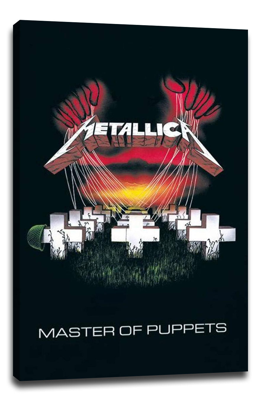 Metallica Master of Puppets canvas wall art print displays white crosses, puppet strings, red hands, and the band logo on black.