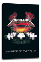 Metallica Master of Puppets canvas wall art print displays white crosses, puppet strings, red hands, and the band logo on black.