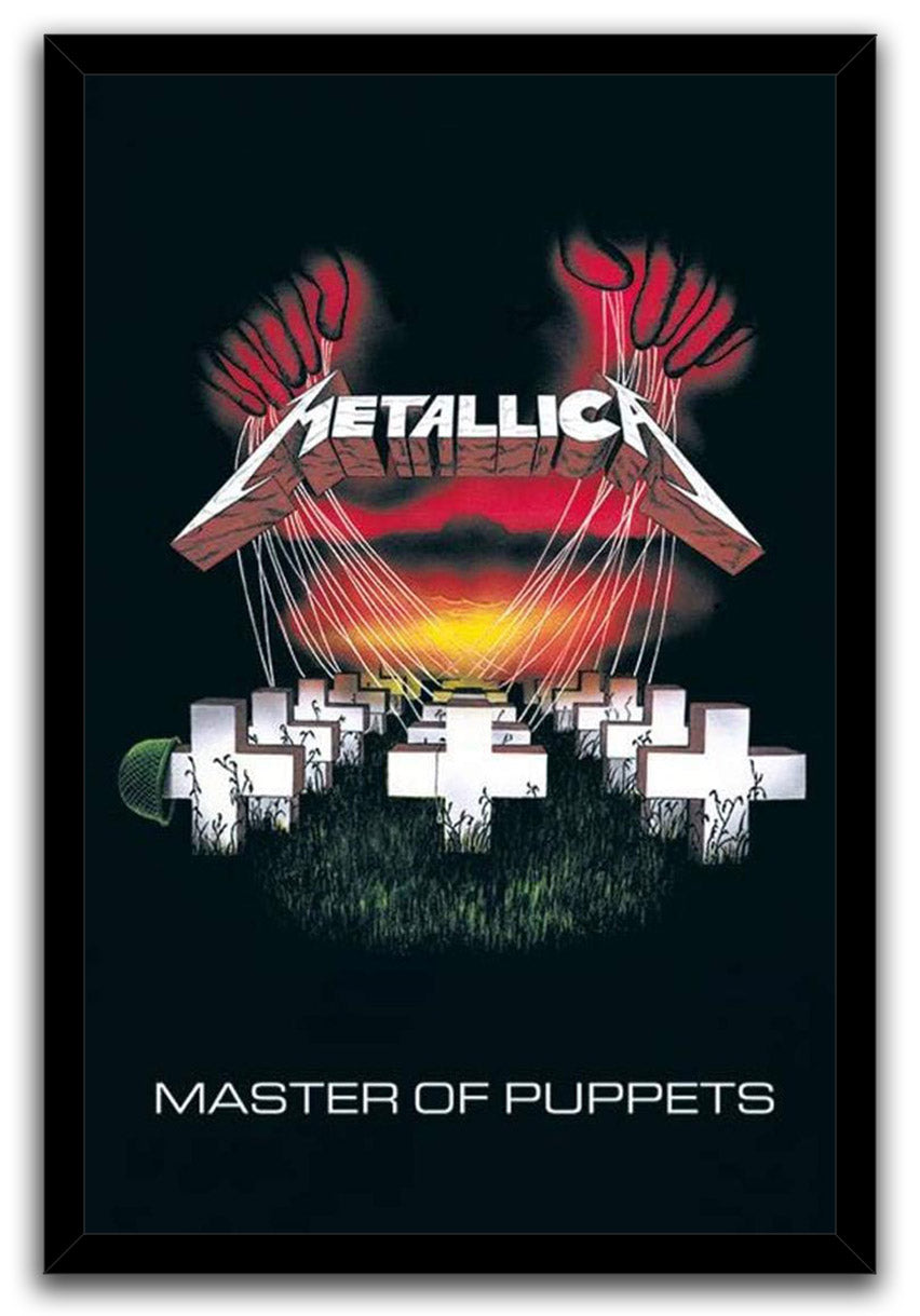 Metallica Master of Puppets framed wall art print depicts a cross-filled graveyard controlled by red hands above a glowing horizon.