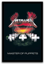 Metallica Master of Puppets framed wall art print depicts a cross-filled graveyard controlled by red hands above a glowing horizon.
