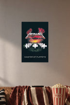 Metallica Master of Puppets Album Music in a cozy movie room above a brown sofa with popcorn.